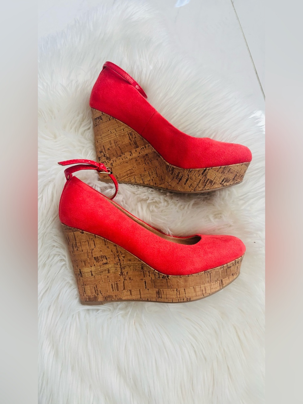 Report Coral Suede Ankle-Strap Cork Wedge Pumps - Women NEW